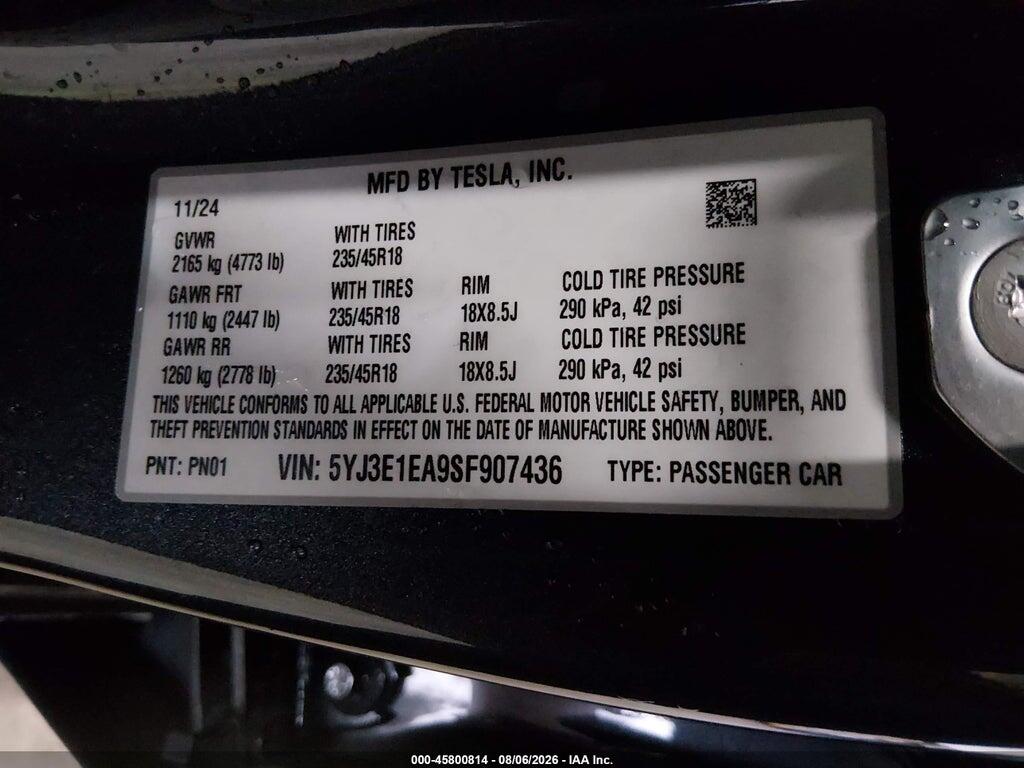 5YJ3E1EA9SF907436 2025 TESLA MODEL 3 photo no. 9