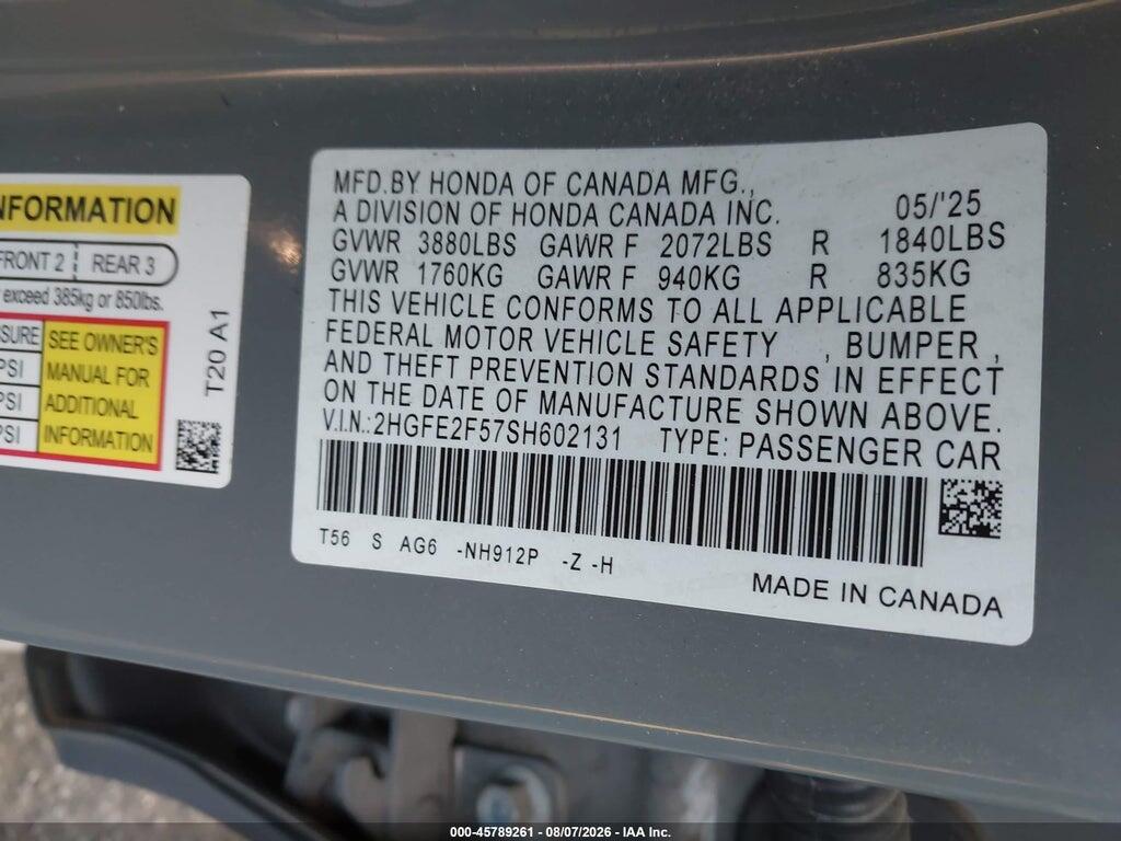 2HGFE2F57SH602131 2025 HONDA CIVIC photo no. 9
