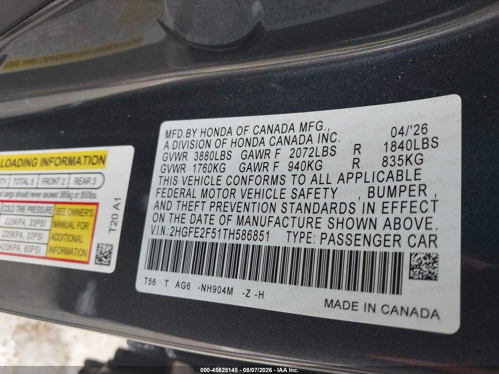 2HGFE2F51TH586851 2026 HONDA CIVIC photo no. 9
