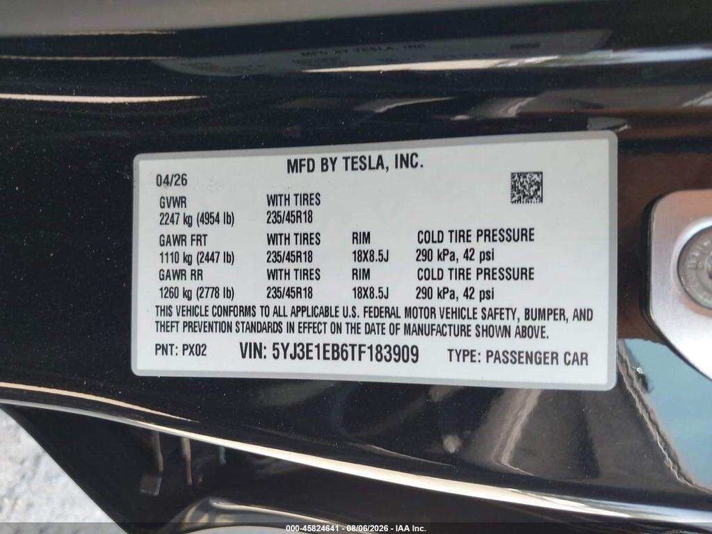 5YJ3E1EB6TF183909 2026 TESLA MODEL 3 photo no. 9