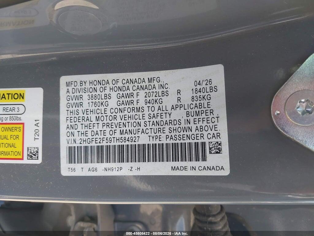 2HGFE2F59TH584927 2026 HONDA CIVIC photo no. 9