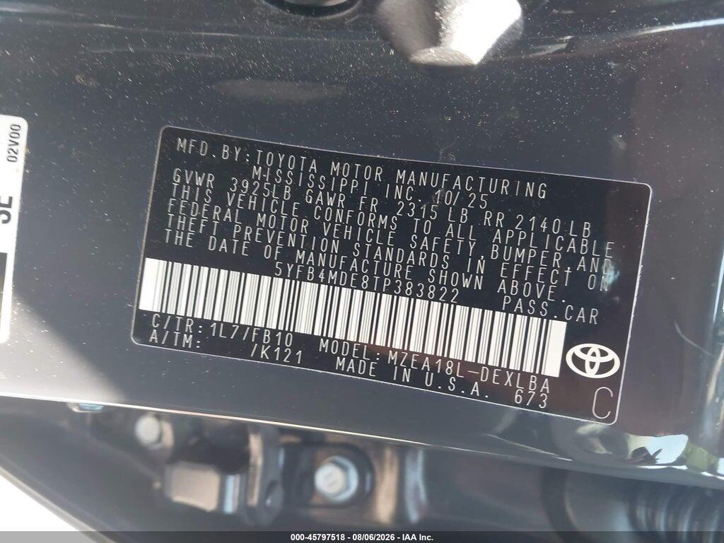 5YFB4MDE8TP383822 2026 TOYOTA COROLLA photo no. 9