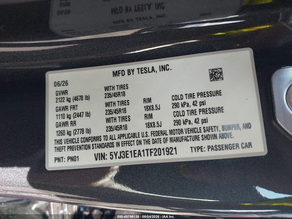 5YJ3E1EA1TF201921 2026 TESLA MODEL 3 photo no. 9