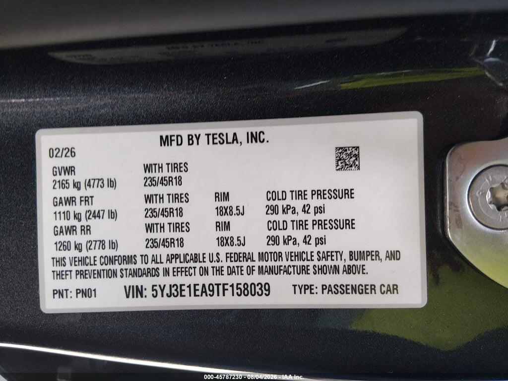 5YJ3E1EA9TF158039 2026 TESLA MODEL 3 photo no. 9