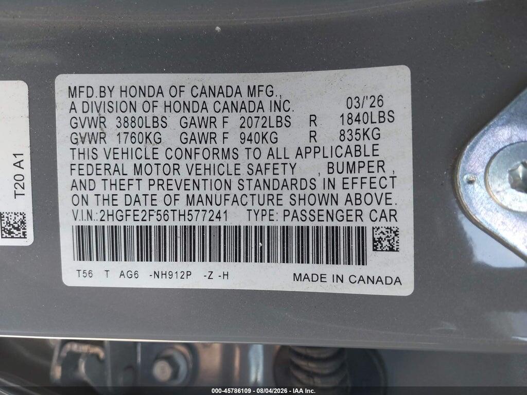 2HGFE2F56TH577241 2026 HONDA CIVIC photo no. 9