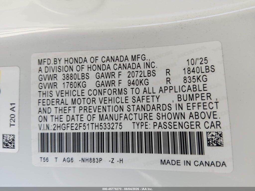 2HGFE2F51TH533275 2026 HONDA CIVIC photo no. 9