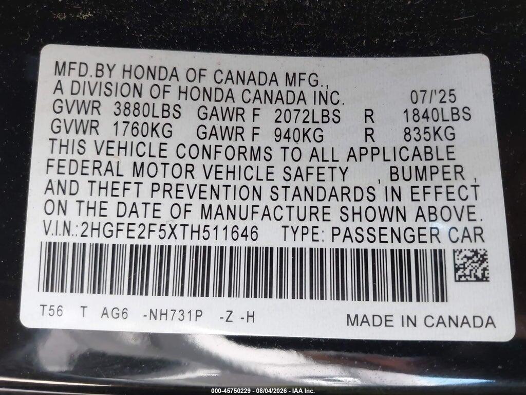 2HGFE2F5XTH511646 2026 HONDA CIVIC photo no. 9
