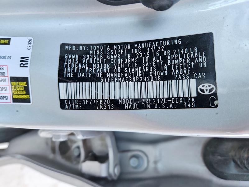 5YFEPMAE3NP392018 2022 TOYOTA COROLLA photo no. 12