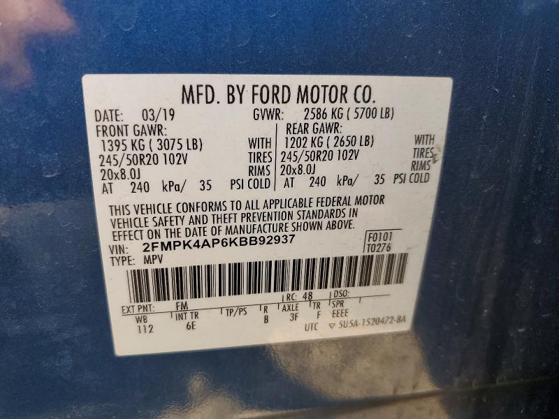 2FMPK4AP6KBB92937 2019 FORD EDGE photo no. 12