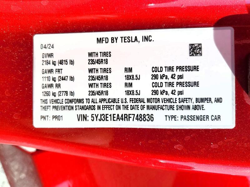 5YJ3E1EA4RF748836 2024 TESLA MODEL 3 photo no. 12