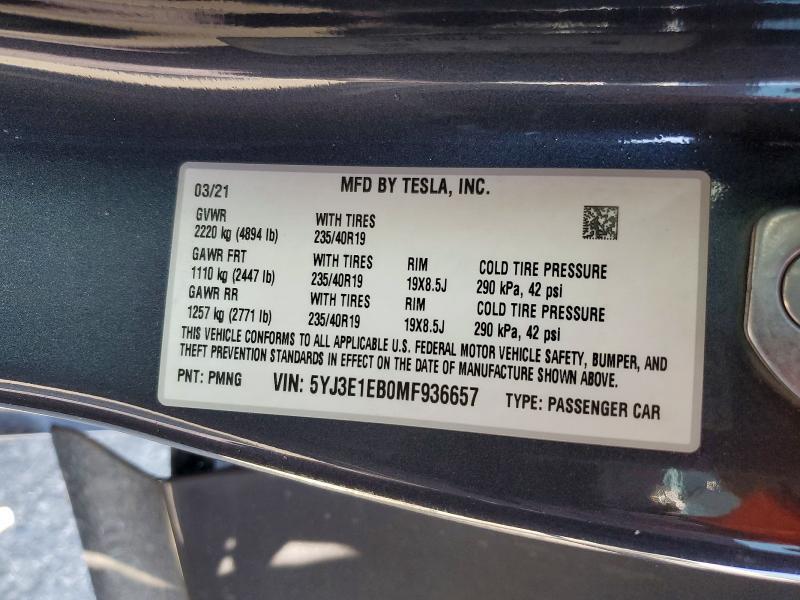5YJ3E1EB0MF936657 2021 TESLA MODEL 3 photo no. 12
