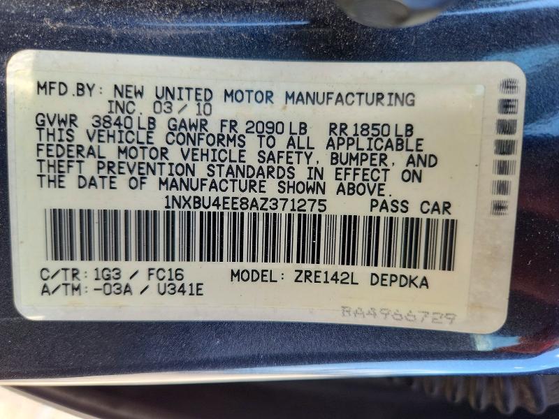 1NXBU4EE8AZ371275 2010 TOYOTA COROLLA photo no. 12