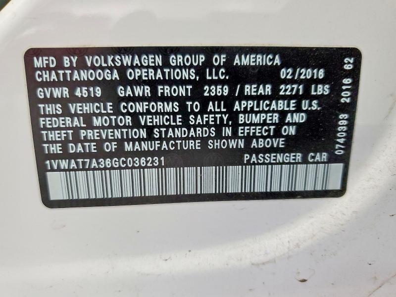 1VWAT7A36GC036231 2016 VOLKSWAGEN PASSAT photo no. 12