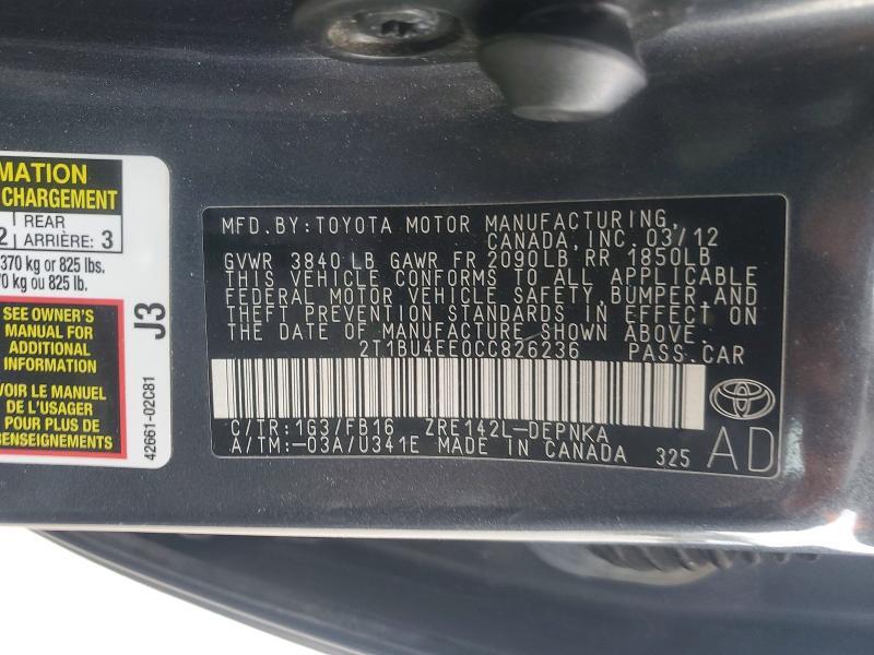 2T1BU4EE0CC826236 2012 TOYOTA COROLLA photo no. 12