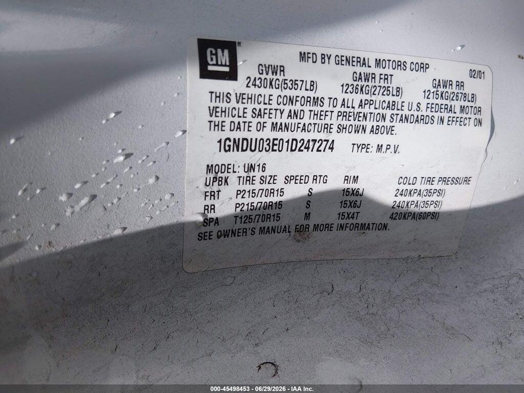 1GNDU03E01D247274 2001 CHEVROLET VENTURE photo no. 9
