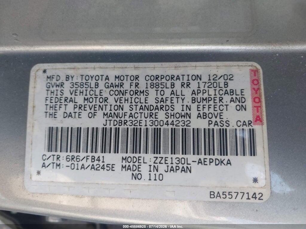 JTDBR32E130044232 2003 TOYOTA COROLLA photo no. 9