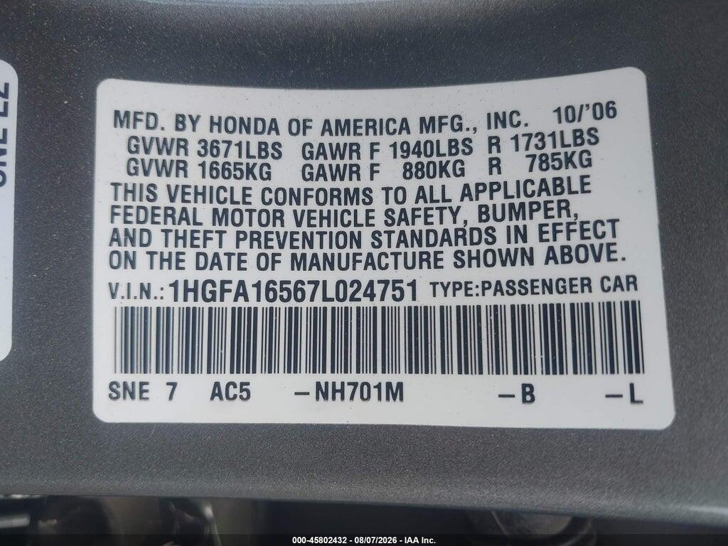 1HGFA16567L024751 2007 HONDA CIVIC photo no. 9