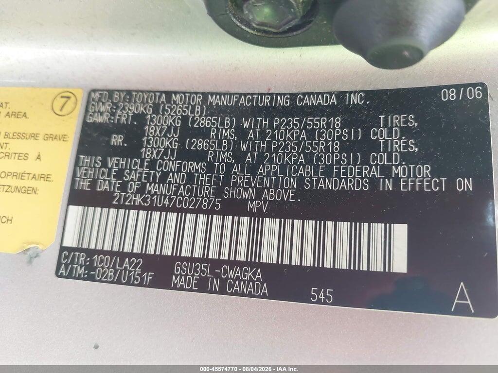 2T2HK31U47C027875 2007 LEXUS RX 350 photo no. 9