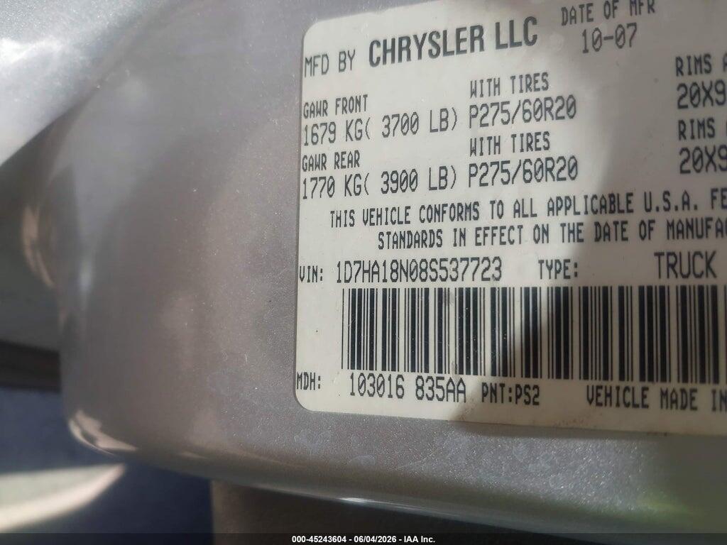 1D7HA18N08S537723 2008 DODGE RAM 1500 photo no. 9