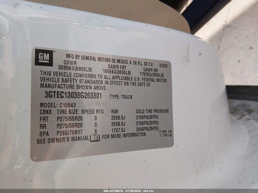 3GTEC13038G263301 2008 GMC SIERRA 1500 photo no. 9