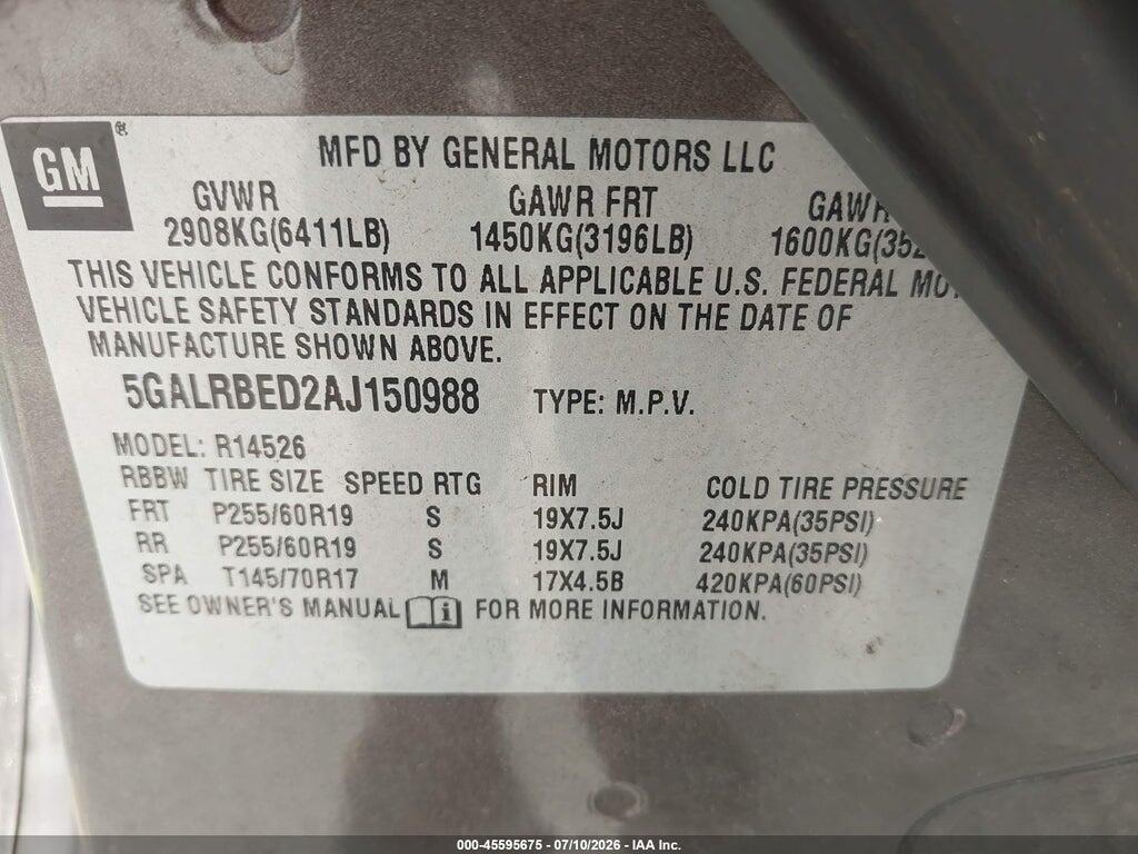 5GALRBED2AJ150988 2010 BUICK ENCLAVE photo no. 9