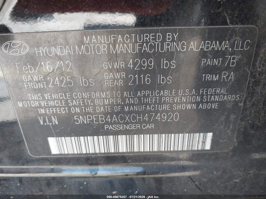 5NPEB4ACXCH474920 2012 HYUNDAI SONATA photo no. 9