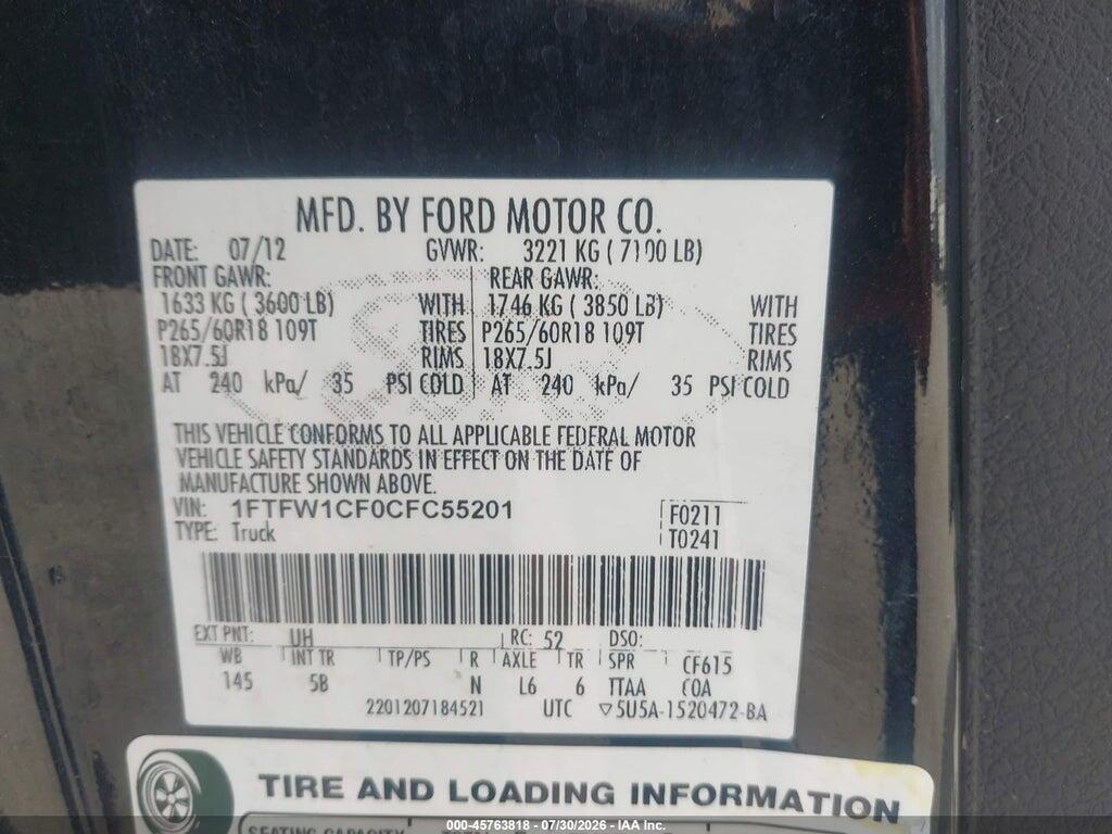 1FTFW1CF0CFC55201 2012 FORD F-150 photo no. 9
