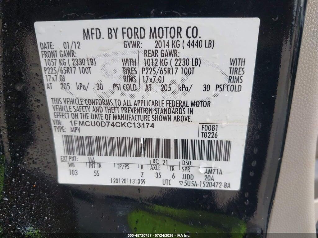 1FMCU0D74CKC13174 2012 FORD ESCAPE photo no. 9