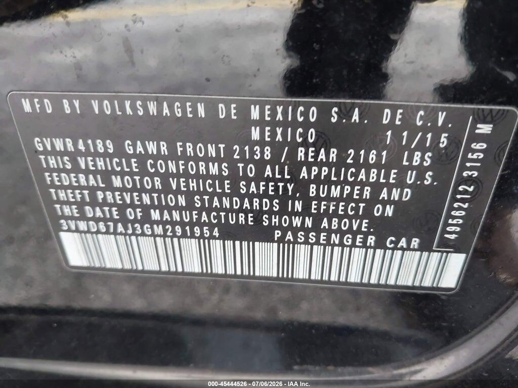 3VWD67AJ3GM291954 2016 VOLKSWAGEN JETTA photo no. 9
