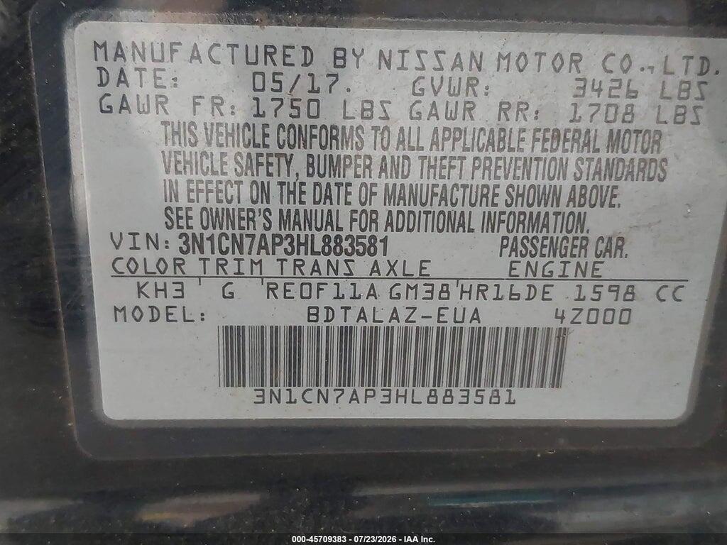 3N1CN7AP3HL883581 2017 NISSAN VERSA photo no. 9