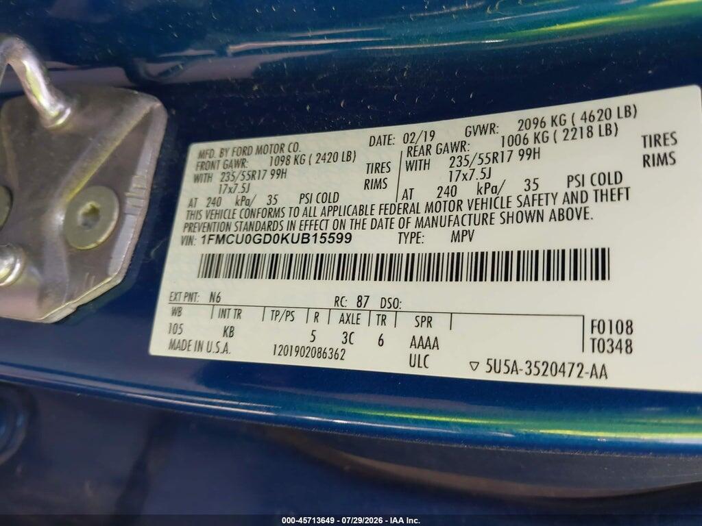 1FMCU0GD0KUB15599 2019 FORD ESCAPE photo no. 9