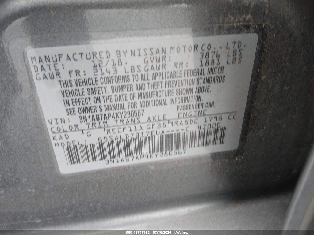 3N1AB7AP4KY280567 2019 NISSAN SENTRA photo no. 9
