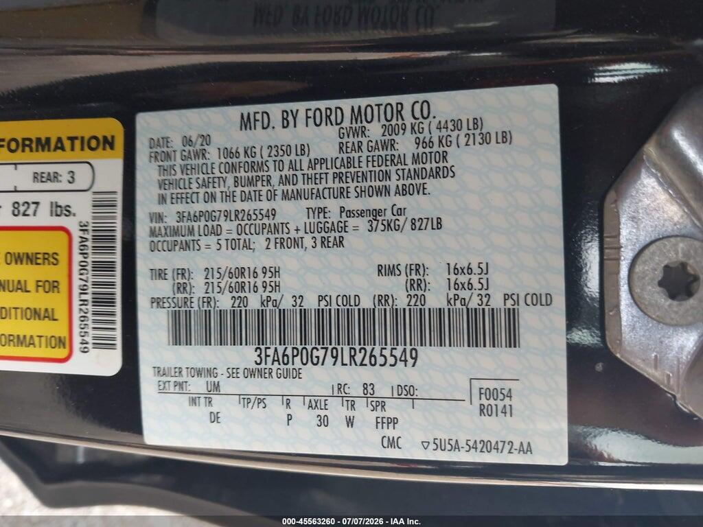 3FA6P0G79LR265549 2020 FORD FUSION photo no. 9