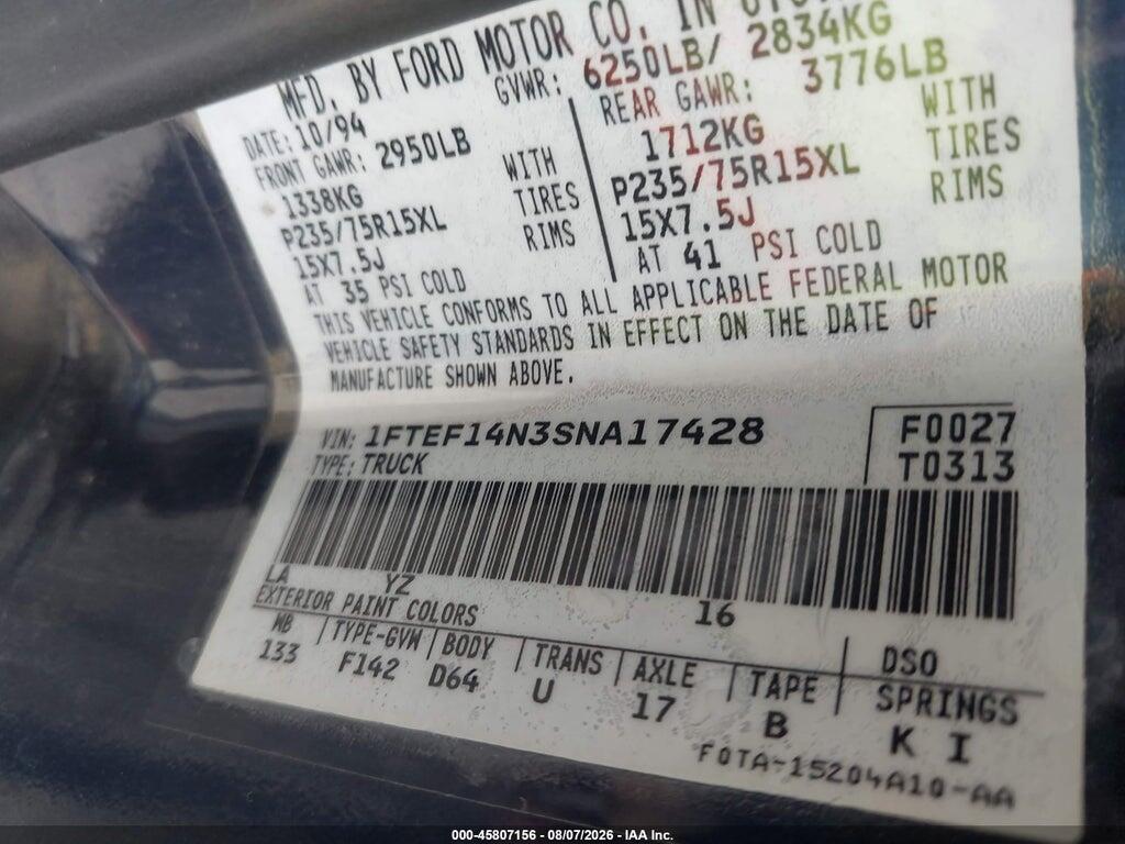 1FTEF14N3SNA17428 1995 FORD F150 photo no. 9