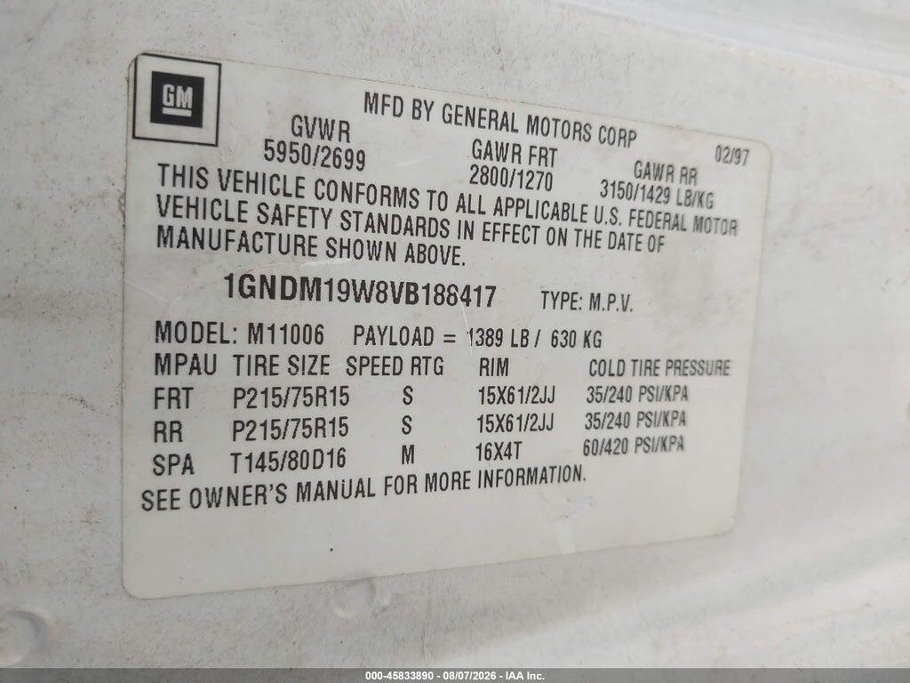 1GNDM19W8VB188417 1997 CHEVROLET ASTRO PASSENGER photo no. 9