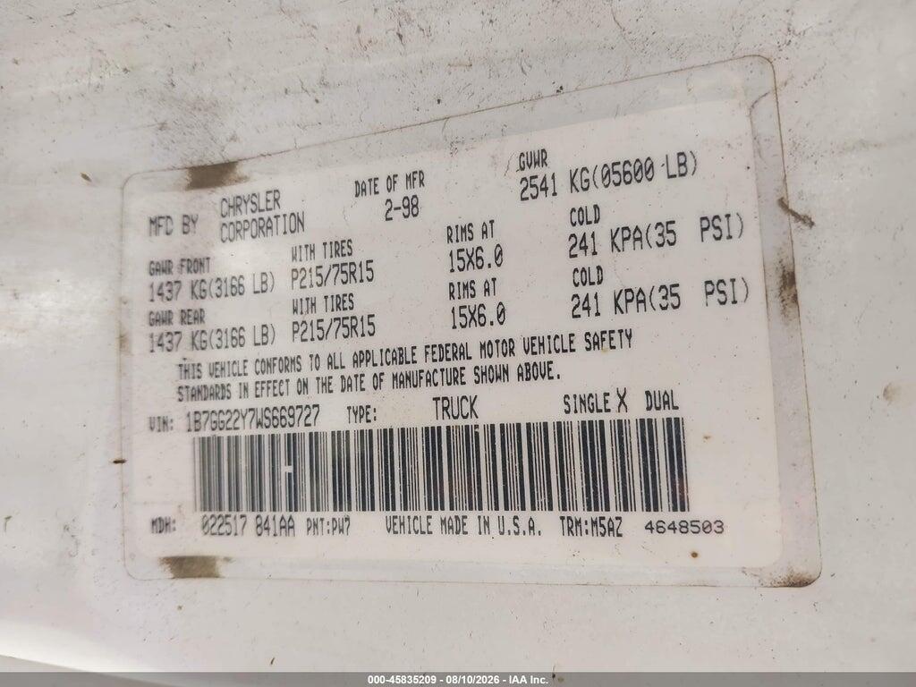 1B7GG22Y7WS669727 1998 DODGE DAKOTA photo no. 9
