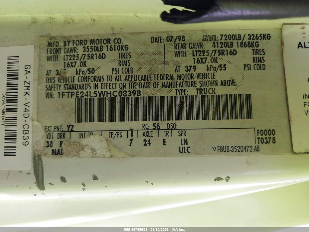 1FTPE24L5WHC08398 1998 FORD ECONOLINE photo no. 9