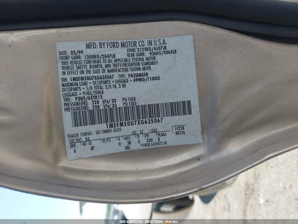 1MEFM50U7XG635067 1999 MERCURY SABLE photo no. 9
