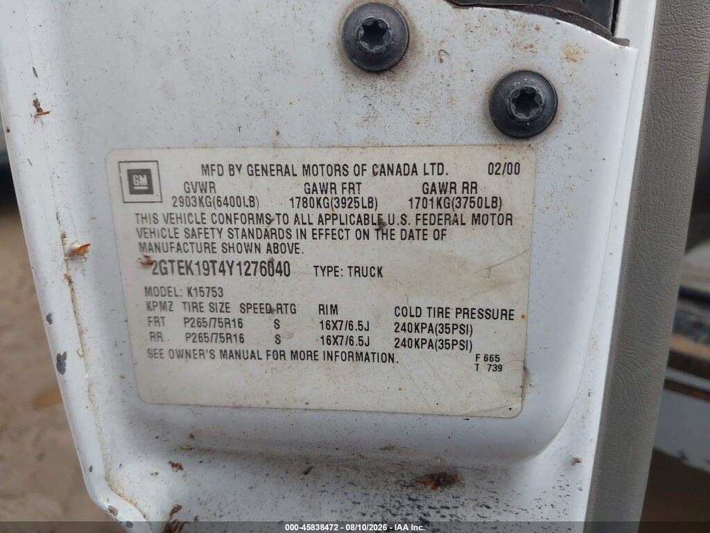 2GTEK19T4Y1276040 2000 GMC SIERRA 1500 photo no. 9