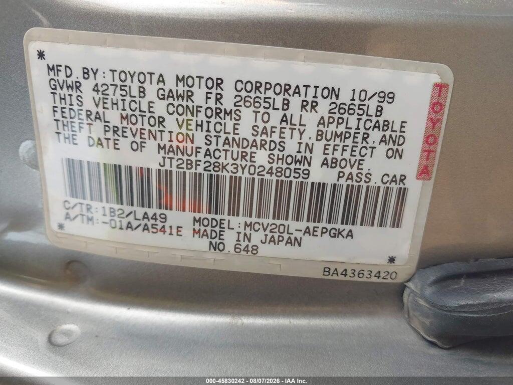 JT2BF28K3Y0248059 2000 TOYOTA CAMRY photo no. 9