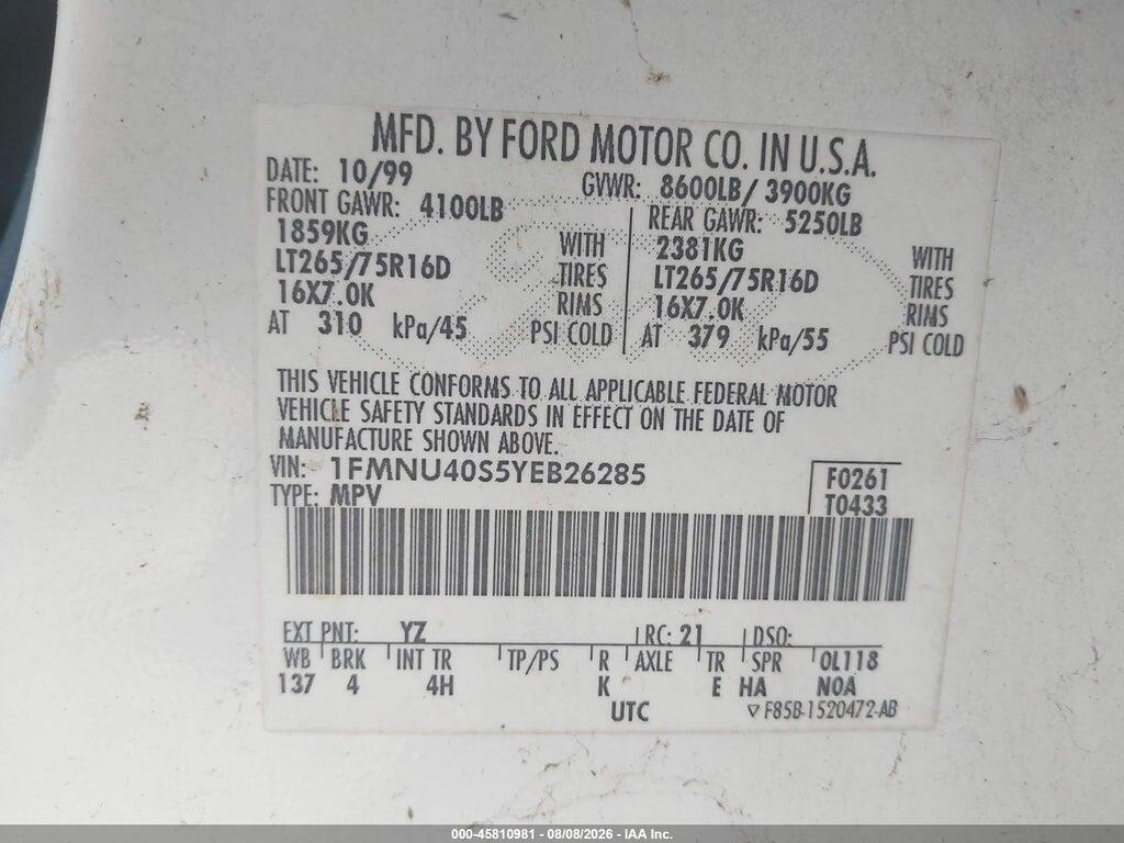 1FMNU40S5YEB26285 2000 FORD EXCURSION photo no. 9