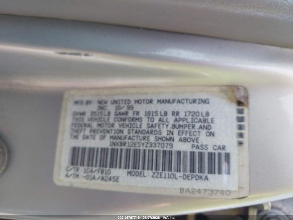 1NXBR12E5YZ337079 2000 TOYOTA COROLLA photo no. 9