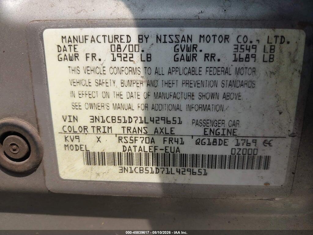 3N1CB51D71L429651 2001 NISSAN SENTRA photo no. 9