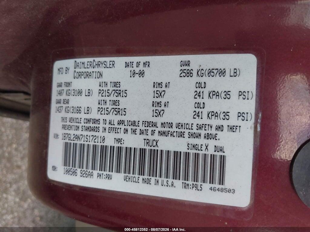1B7GL2AN71S172110 2001 DODGE DAKOTA photo no. 9
