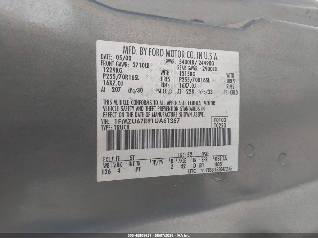 1FMZU67E91UA61367 2001 FORD EXPLORER SPORT TRAC photo no. 9