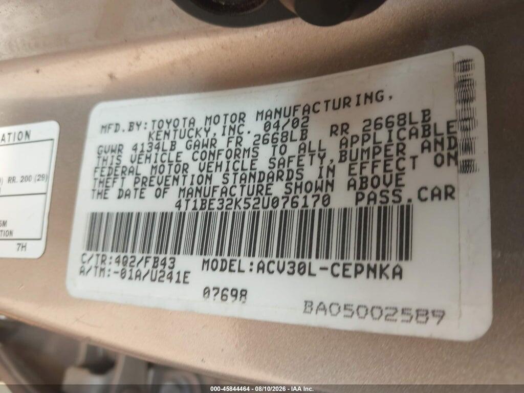4T1BE32K52U076170 2002 TOYOTA CAMRY photo no. 9