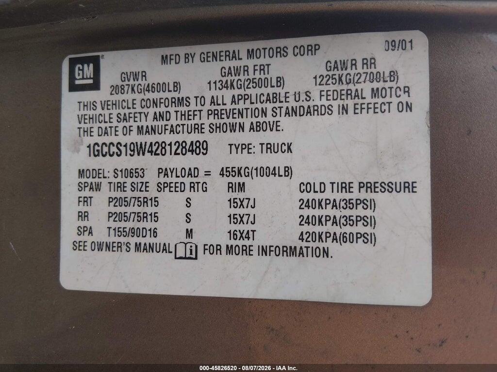 1GCCS19W428128489 2002 CHEVROLET S-10 photo no. 9