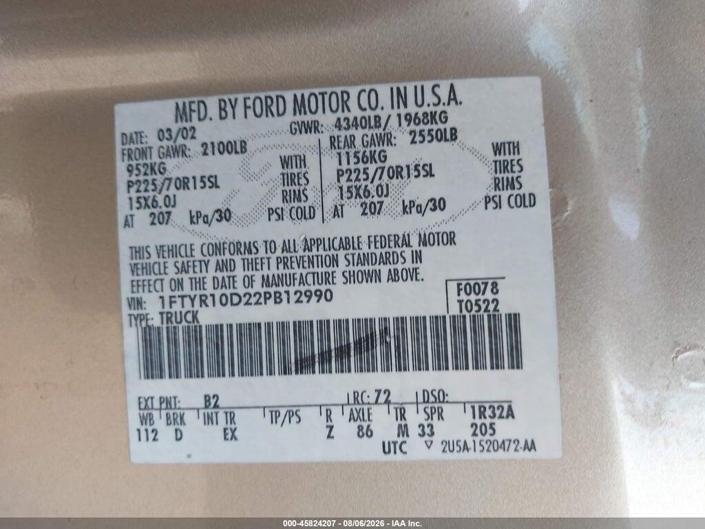 1FTYR10D22PB12990 2002 FORD RANGER photo no. 9