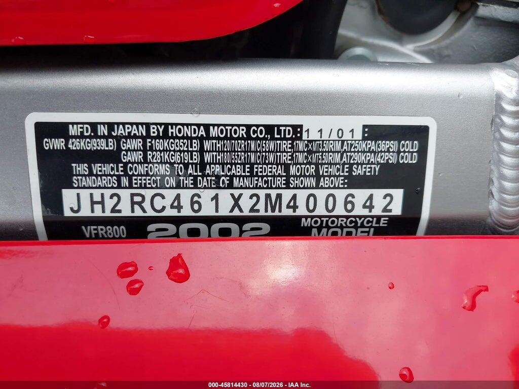 JH2RC461X2M400642 2002 HONDA VFR800 photo no. 10