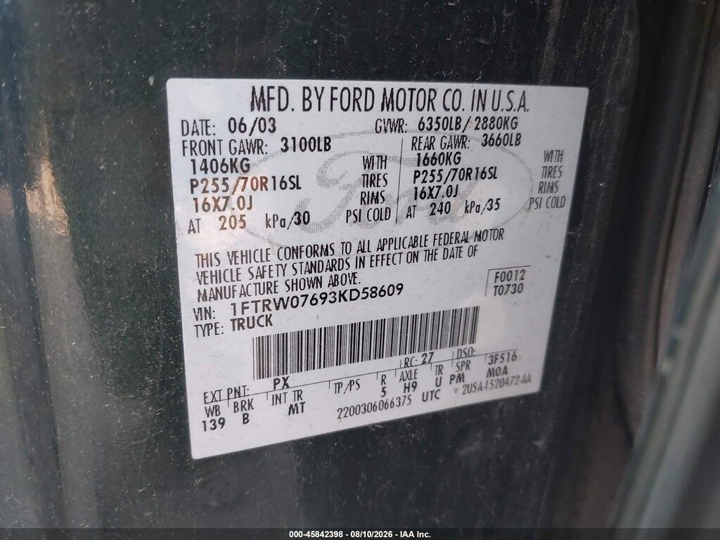 1FTRW07693KD58609 2003 FORD F-150 photo no. 9